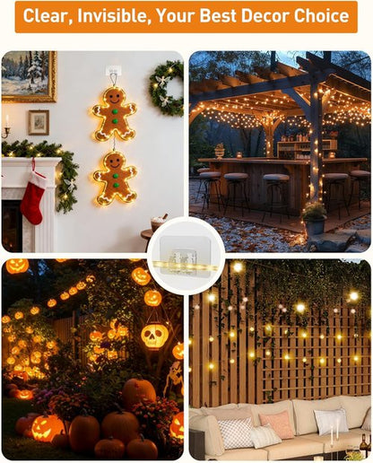 AGPTEK Heavy Duty Hooks for Outdoor String Lights - 100Pcs Clear Adhesive Cable Clips for Christmas Decor