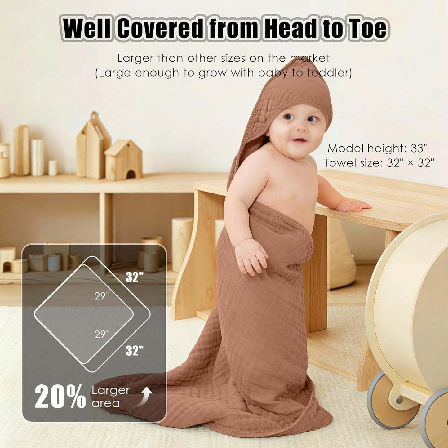 Sunny zzzZZ Muslin Hooded Baby Bath Towels - 3 Pack of Soft 100% Cotton in Pastel Colors | 32x32 Inch