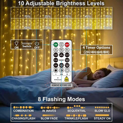 HXWEIYE 300LED Fairy Curtain Lights - 9.8x9.8Ft USB Plug-In with Remote | 8 Modes for Indoor Decor, Warm White