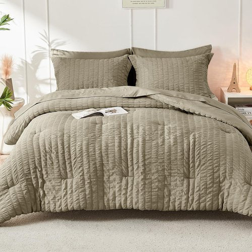 HYMOKEGE Linen Twin XL Comforter Set Seersucker 5 Pieces, All Season Luxury Bed in a Bag for Bedroom, Bedding Set with Comforter, Sheets, Pillowcase & Sham