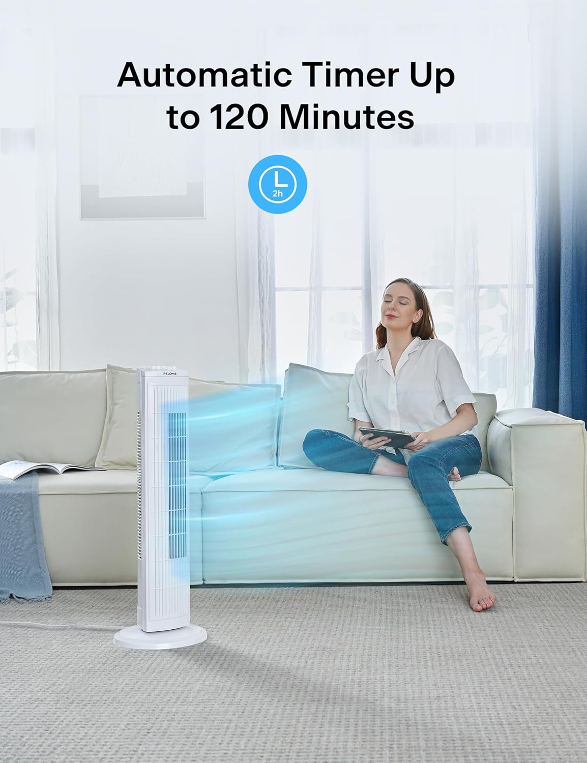 PELONIS 30-Inch Oscillating Tower Fan - 3 Speed Settings & Auto-Off Timer | Stylish White Design