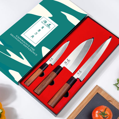 SHANGDAO Japanese Kitchen Knife Set, 3 Piece Sushi Chef Knife, 10”Yanagiba-7”Deba-5”Utility Kitchen Knife Cooking Knives, Premium German Stainless Steel & Traditional Wooden Handle, Gift Box