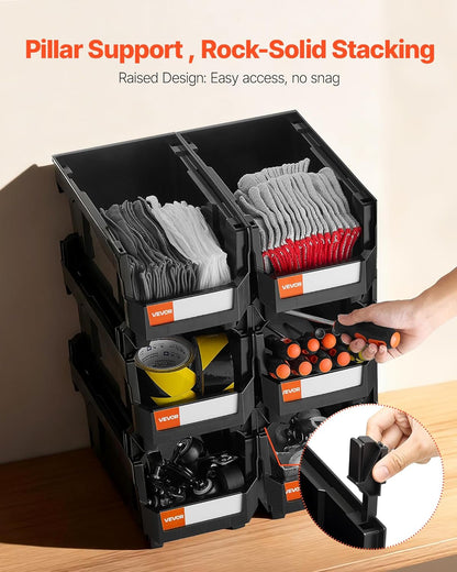 VEVOR Stackable Plastic Storage Bins - 6 Pack Organizing Containers for Closet, Garage, Office | 14.8 x 8.5 x 7.1 Inch, Black