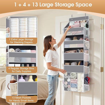 WISELIFE 5-Tier Over the Door Organizer - Heavy-Duty 50LB Capacity with 5 Spacious & 13 Mesh Pockets | Gray