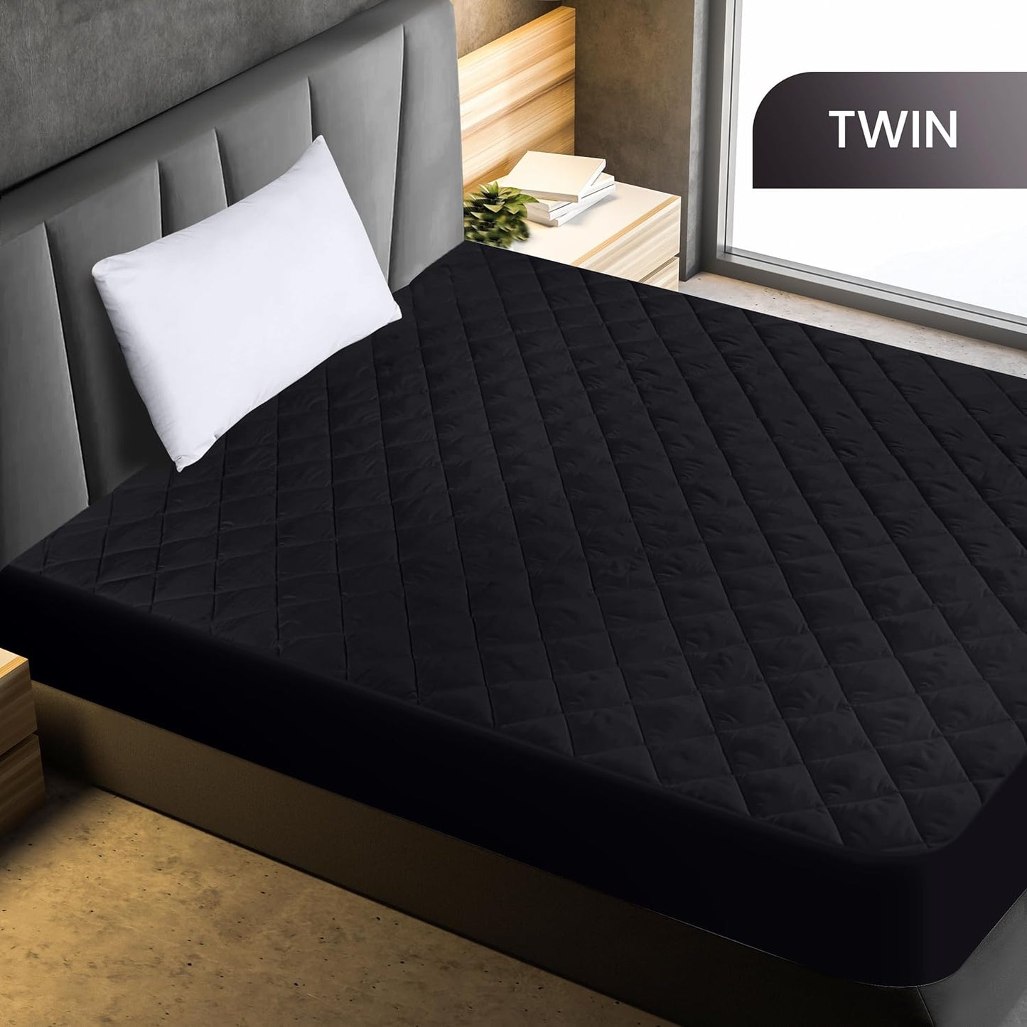 Utopia Bedding Quilted Fitted Mattress Pad - Twin Size Deep Pocket Protector | Machine Washable Black