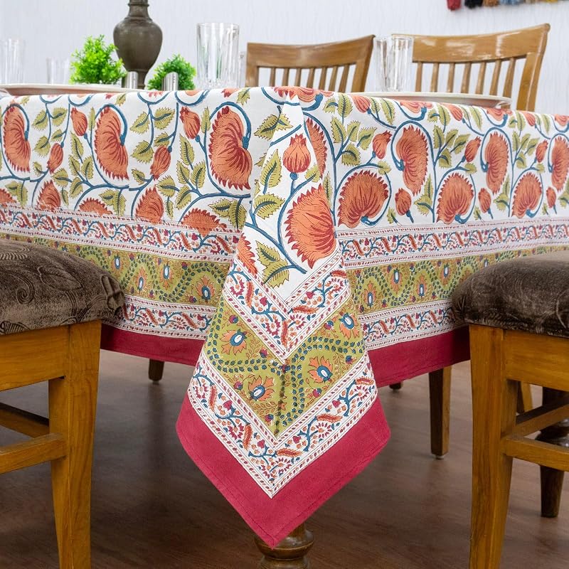 72x72 Inches Square Hand Block Printed Cotton Tablecloth - Red, Yellow Floral, Indian Table Linen