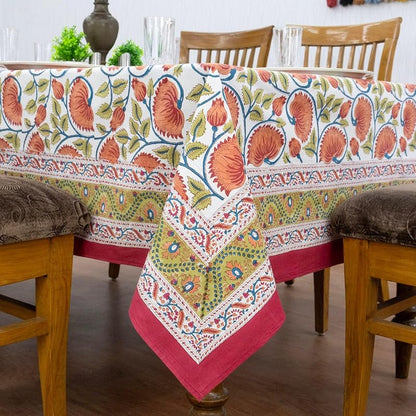 72x72 Inches Square Hand Block Printed Cotton Tablecloth - Red, Yellow Floral, Indian Table Linen