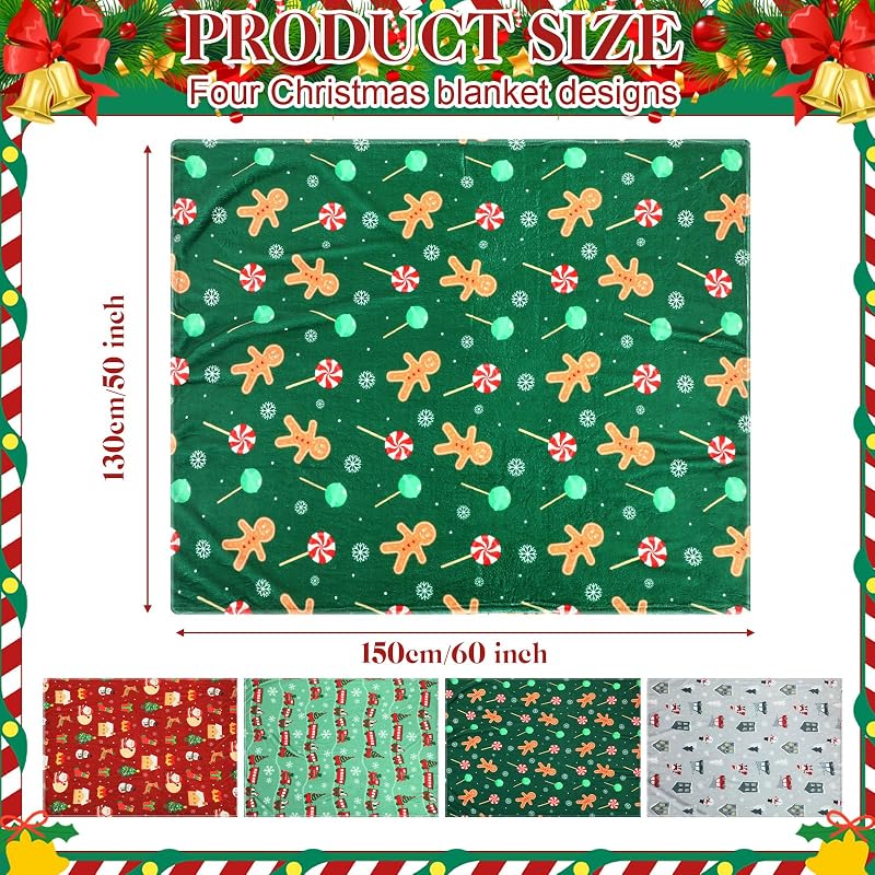 4 Pack Christmas Fleece Throw Blankets 50 x 60 in with Santa Snowman Pattern (Variation: 50 x 60")