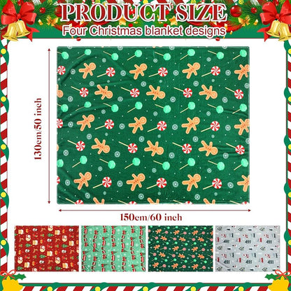 4 Pack Christmas Fleece Throw Blankets 50 x 60 in with Santa Snowman Pattern (Variation: 50 x 60")
