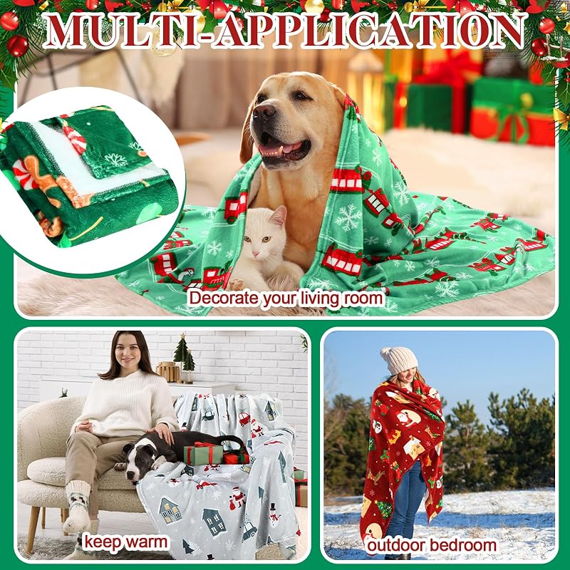 4 Pack Christmas Fleece Throw Blankets 50 x 60 in with Santa Snowman Pattern (Variation: 50 x 60")