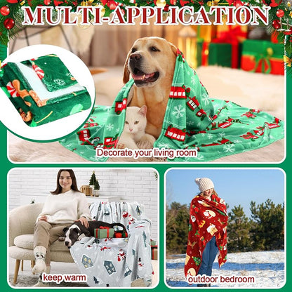4 Pack Christmas Fleece Throw Blankets 50 x 60 in with Santa Snowman Pattern (Variation: 50 x 60")