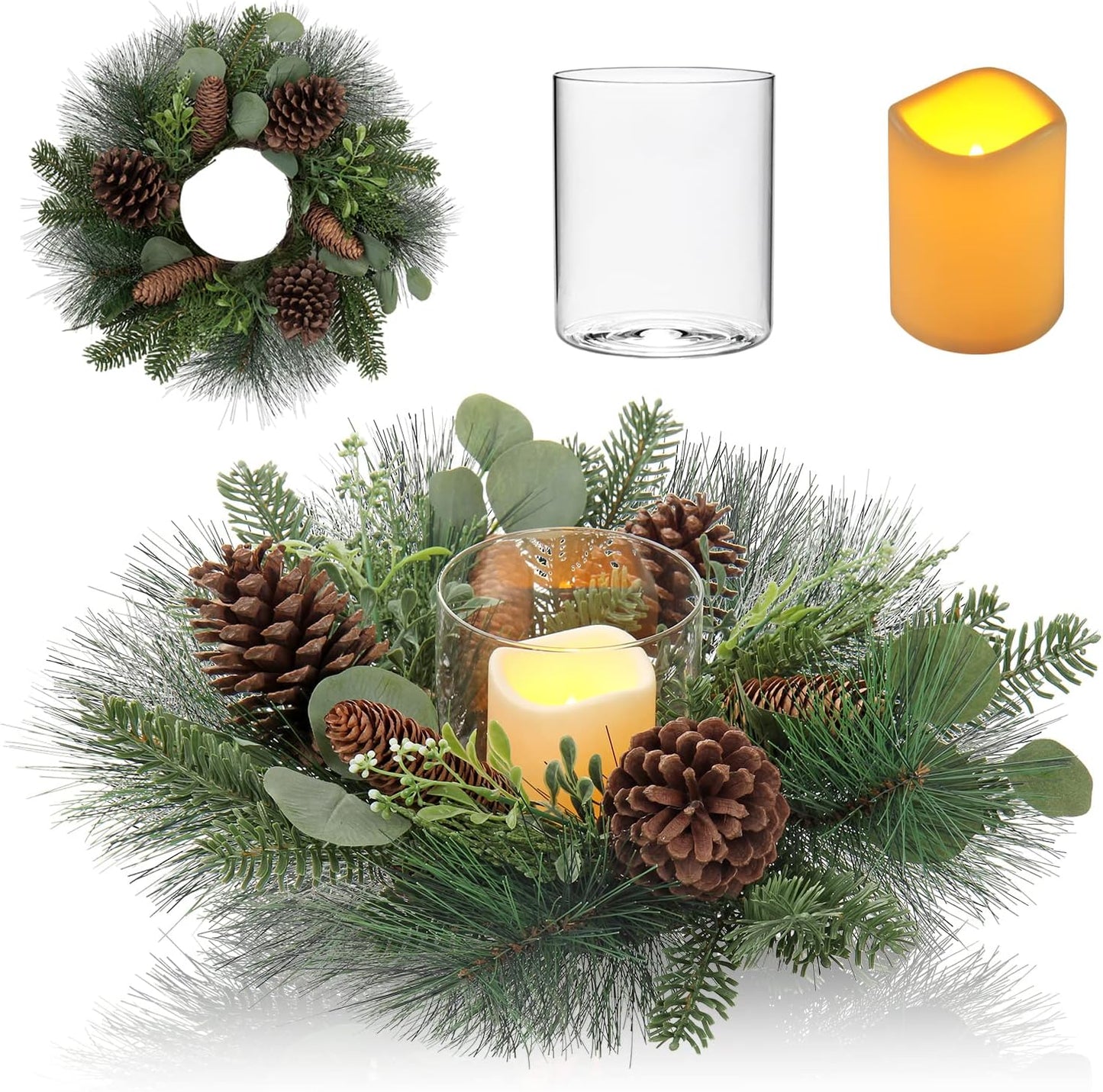 Skiennix 18-Inch Artificial Greenery Wreath - Rustic Christmas Decor with Detachable Glass Holder