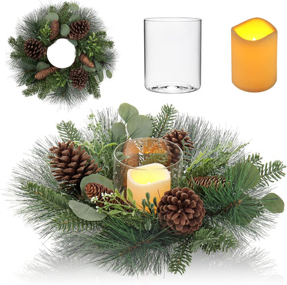 Skiennix 18-Inch Artificial Greenery Wreath - Rustic Christmas Decor with Detachable Glass Holder