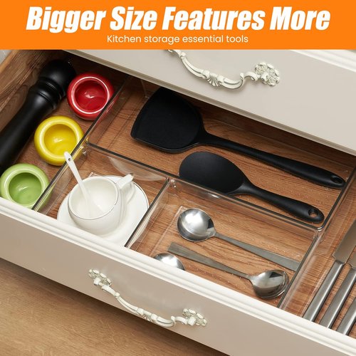 Criusia Large Clear Drawer Organizer Set - 6 Pcs Acrylic Storage Trays for Kitchen, Bathroom & Office