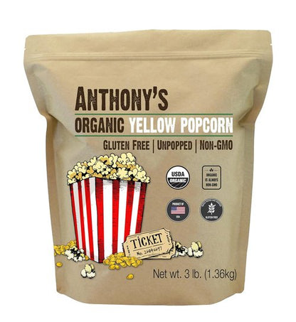 Anthony's Organic Yellow Popcorn Kernels - 3 lb Unpopped, Gluten-Free & Non-GMO Snack