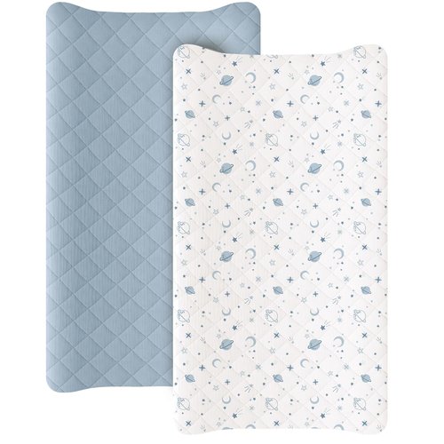 Konssy Waterproof Muslin Changing Pad Cover - Soft Quilted Cotton Sheets for Boys & Girls | 2 Pack (Star, Blue)