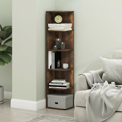 Furinno PASIR Book Shelf, 5-Tier Corner Bookshelf with Open Shelf, Standing Bookcase, 9.3 x 12 x 51.7, for Organization and Storage, for Living Room, Bedroom, Home Office, Amber Pine