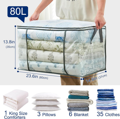 MKOKYD 80L Clear Storage Bag - Foldable Organizer for Clothes, Blankets & Comforters | Sturdy Handles & Zippers