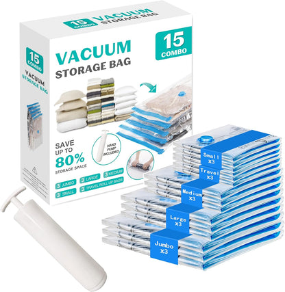 Skiennix Vacuum Seal Bags - 15 Pack Space Saver Storage for Clothing, Blankets & Luggage | Hand Pump Included