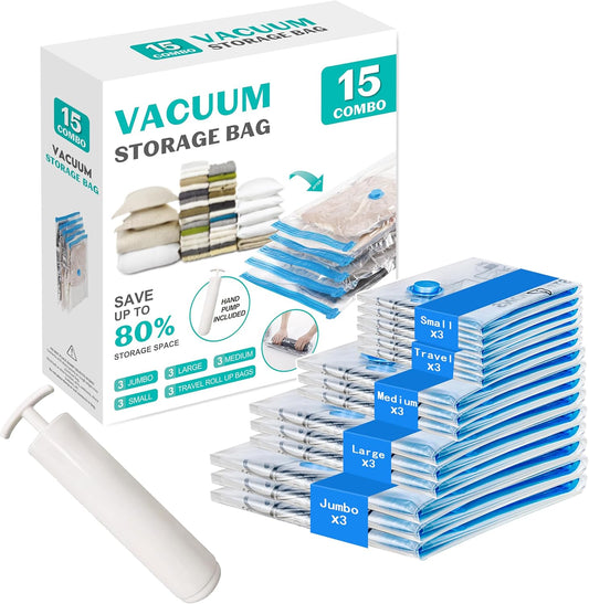 Skiennix Vacuum Seal Bags - 15 Pack Space Saver Storage for Clothing, Blankets & Luggage | Hand Pump Included