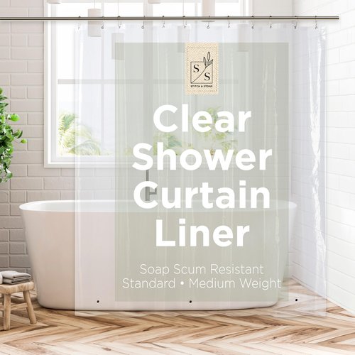 Stitch & Stone Shower Curtain Liner, Premium Medium Weight Durable Waterproof 6g PEVA for Bathroom with Weighted Magnets, Standard Size 72" x 72", Clear 1 Pack