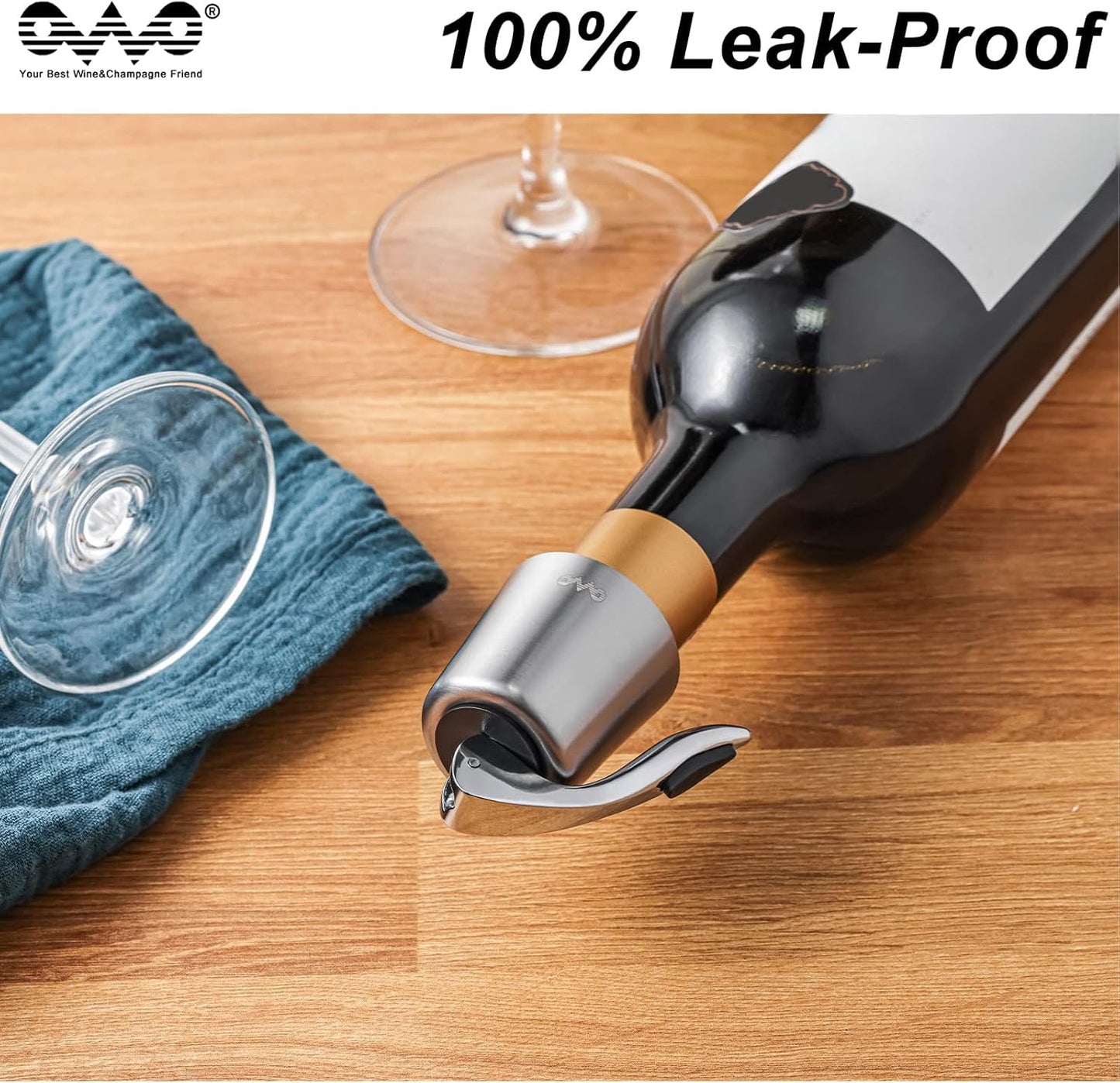 OWO Stainless Steel Wine Bottle Stopper, Reusable Wine Saver with Silicone Seal, Decorative Bottle Sealer, Keeps Fresh (Silver, 2 Pack)