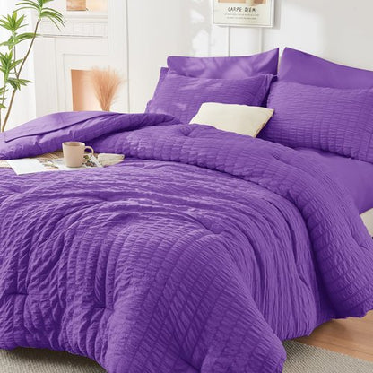 HYMOKEGE Bright Purple Twin Comforter Set Seersucker 5 Pieces, All Season Luxury Bed in a Bag for Bedroom, Bedding Set with Comforter, Sheets, Pillowcase & Sham