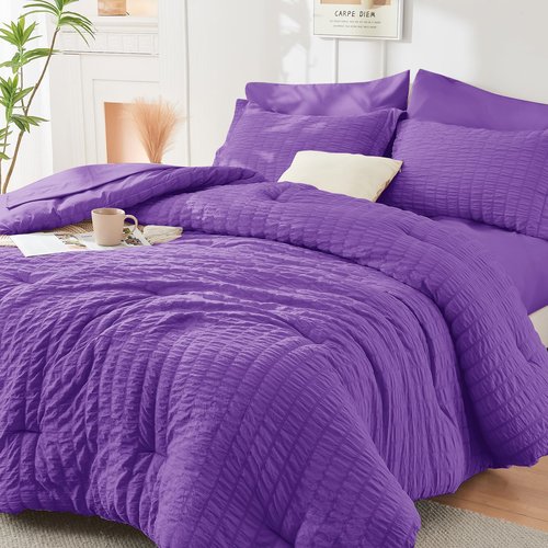HYMOKEGE Bright Purple Twin Comforter Set Seersucker 5 Pieces, All Season Luxury Bed in a Bag for Bedroom, Bedding Set with Comforter, Sheets, Pillowcase & Sham