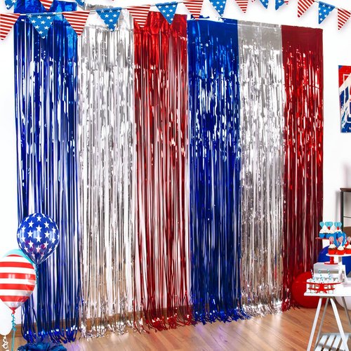 LOLStar 4th of July Decorations - 3-Pack Red, White & Blue Streamers | Patriotic Foil Fringe Curtains & Props