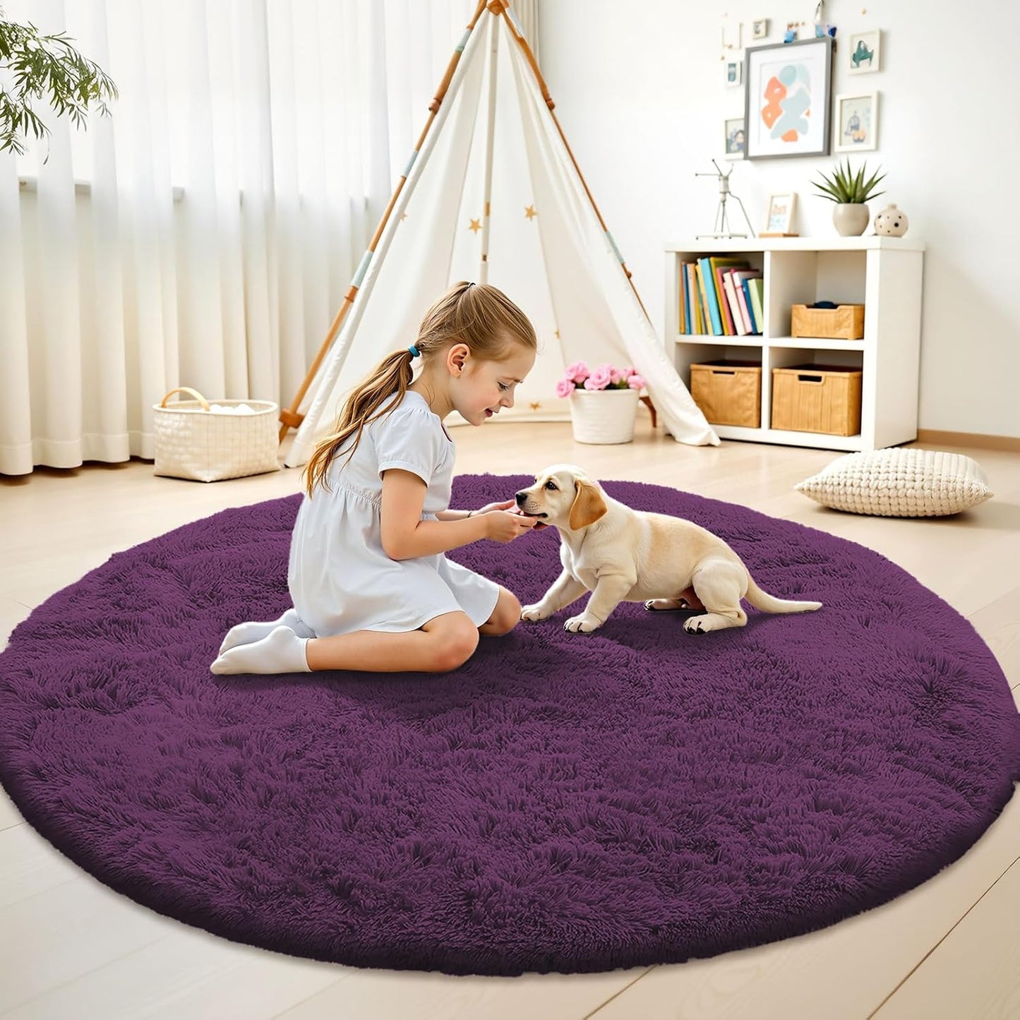 OLANLY Dark Purple Round Rug - Soft, Fluffy 6 ft Machine Washable Area Rug for Bedroom & Living Room Decor