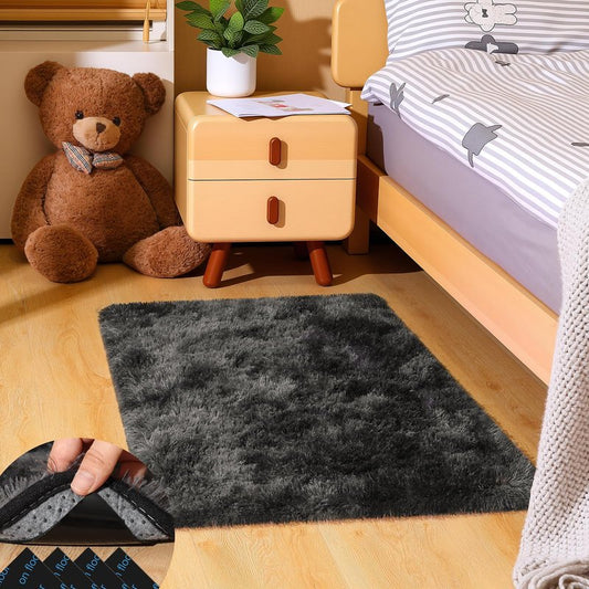 Mhyup 2x3 Rugs for Bedroom, Fluffy Small Area Rugs for Living Room, Soft Shag Fuzzy Carpet with 4 Non-Slip Stickers for Kids Boys and Girls Nursery Dorm Home Decor (Tie-Dyed Black Grey, 2ft x 3ft)