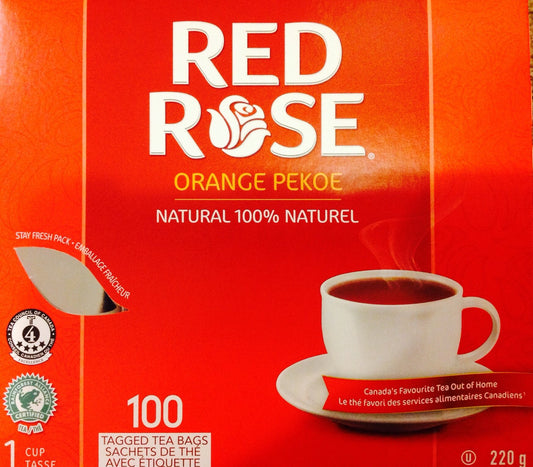 Red Rose Orange Pekoe Tea 100% Natural, 100 Tagged Tea Bags, 220g {Imported from Canada}