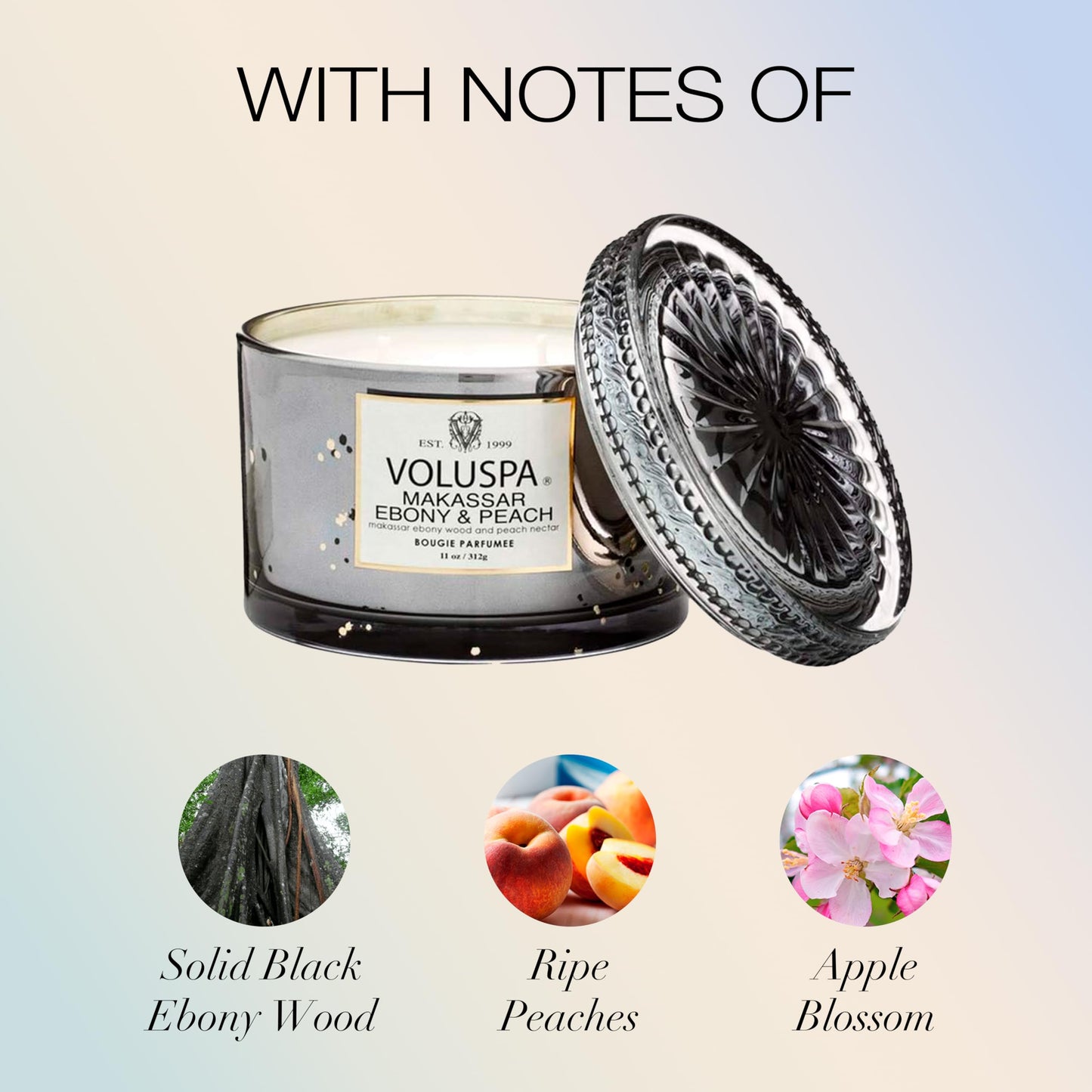 Voluspa Makassar Ebony & Peach, Corta Maison Boxed Candle, 11 oz, 45 Hour Burn Time, Coconut Wax for Clean Burning, Handcrafted in The USA