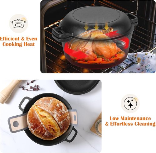 E-far 5QT Dutch Oven - Versatile Cast Iron Pot with Skillet Lid & Sourdough Starter Kit | Ideal for Baking, Frying, BBQ