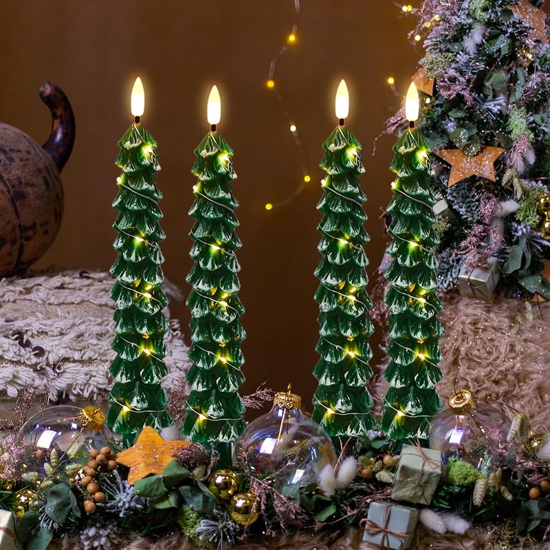 Tree Flameless Taper Candles with Remote - 4 Pack, Green Variation