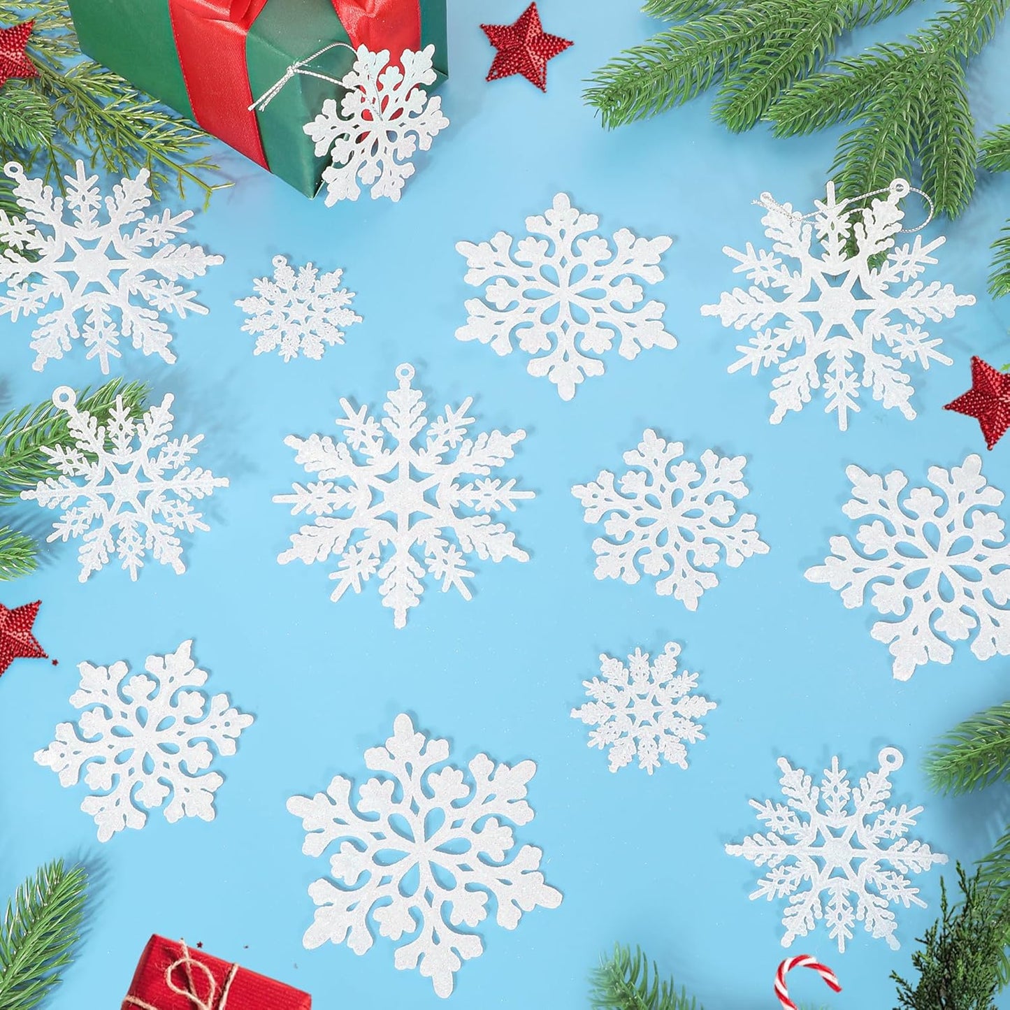 Skiennix 24PCS Snowflake Ornaments - White Glitter Christmas Tree Decorations for Winter Wonderland Decor