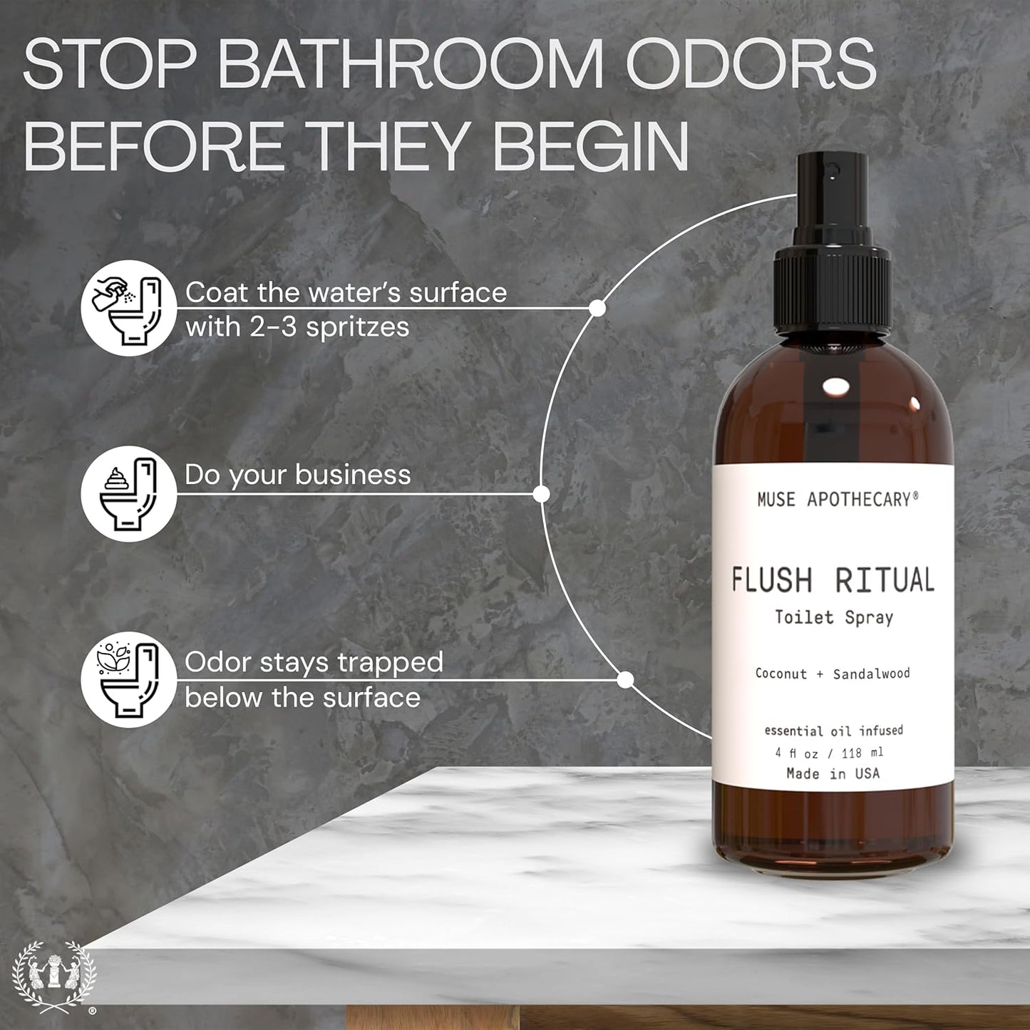 Muse Apothecary Flush Ritual - Aromatic Toilet Spray with Natural Essential Oils | Coconut & Sandalwood, 4 oz