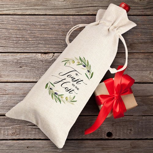 A Toast For the Host Wine Bag, Housewarming, Party Decor, Bridal Shower, Gift for Her, Hostess, Wedding, Girls Night, Holiday, Thank you Gift (Beige01, 13.5 x 5.5Inches)