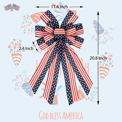 Large Patriotic Bow Wreath by [Brand Name] - 4th of July Decor with American Flag Design | Red & Blue Stars, 11.4x20.8''