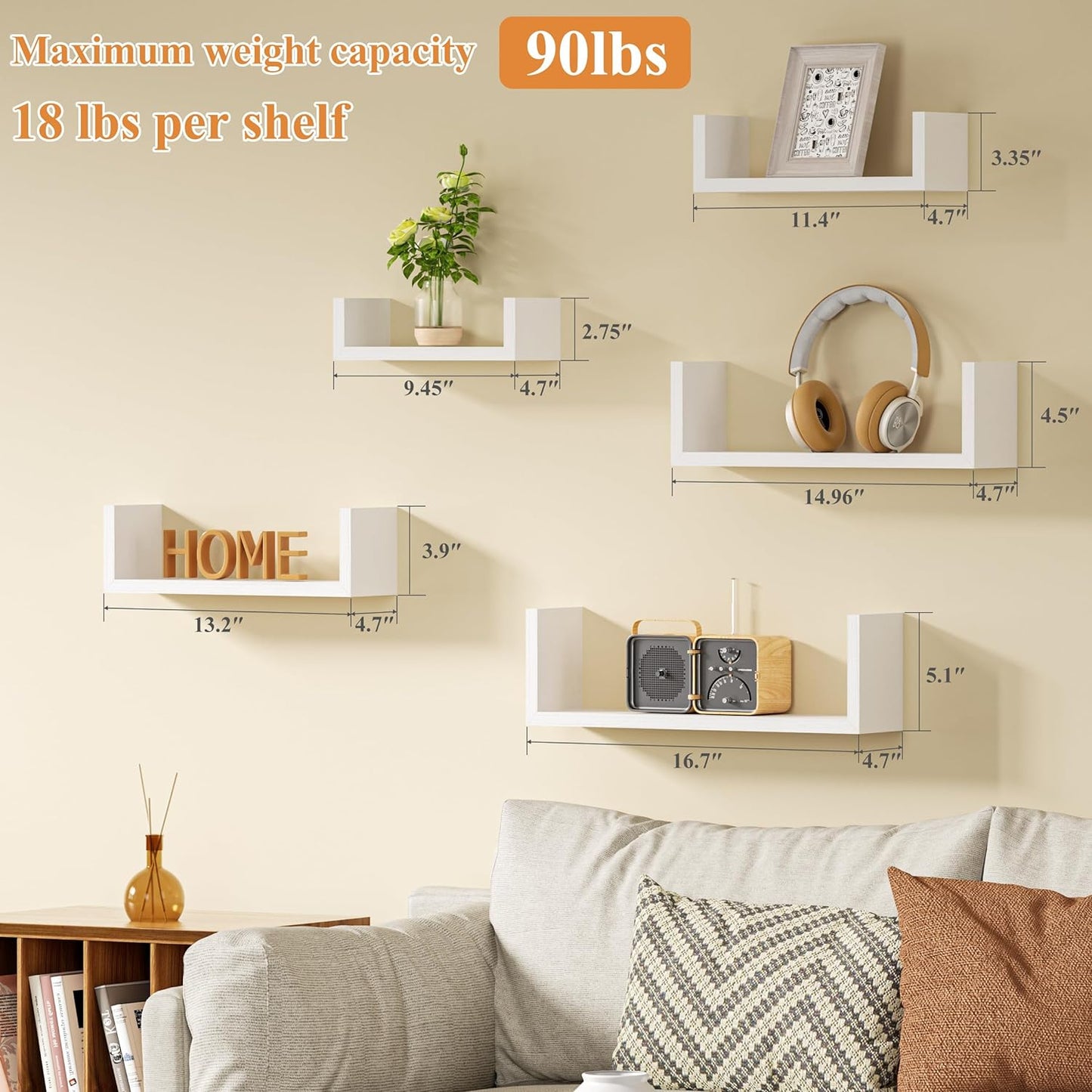 SRIWATANA Floating Wall Shelves - Set of 5 Wood Shelves for Home Decor | Versatile for Bathroom, Bedroom, Kitchen, Office (Washed White)