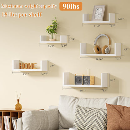 SRIWATANA Floating Wall Shelves - Set of 5 Wood Shelves for Home Decor | Versatile for Bathroom, Bedroom, Kitchen, Office (Washed White)