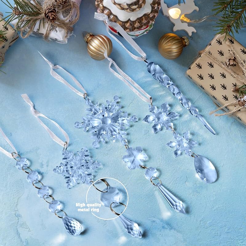 Blue Acrylic Snowflake Ornament + 36 Pcs — Crystal Icicle Holiday Decorations for Christmas Tree