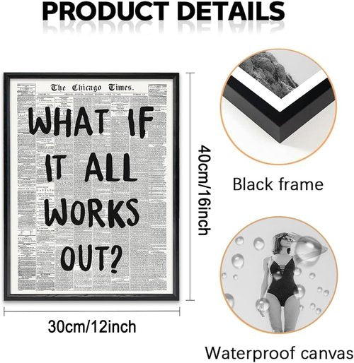KBKBART Framed Canvas Wall Art - "What If It All Works Out" | 12x16 Inch Black and White Poster for Positive Bedroom Decor