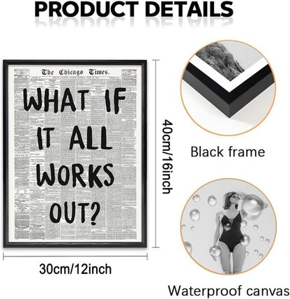 KBKBART Framed Canvas Wall Art - "What If It All Works Out" | 12x16 Inch Black and White Poster for Positive Bedroom Decor