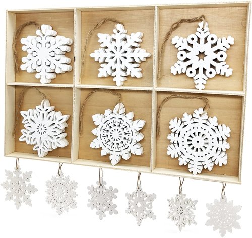 GSD Wooden Snowflake Ornaments - Rustic 30pcs Hanging Decor for Christmas Trees | 3-Inch White