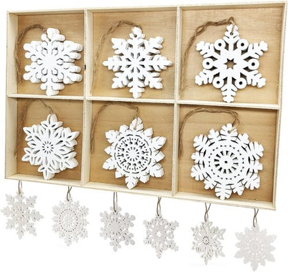 GSD Wooden Snowflake Ornaments - Rustic 30pcs Hanging Decor for Christmas Trees | 3-Inch White