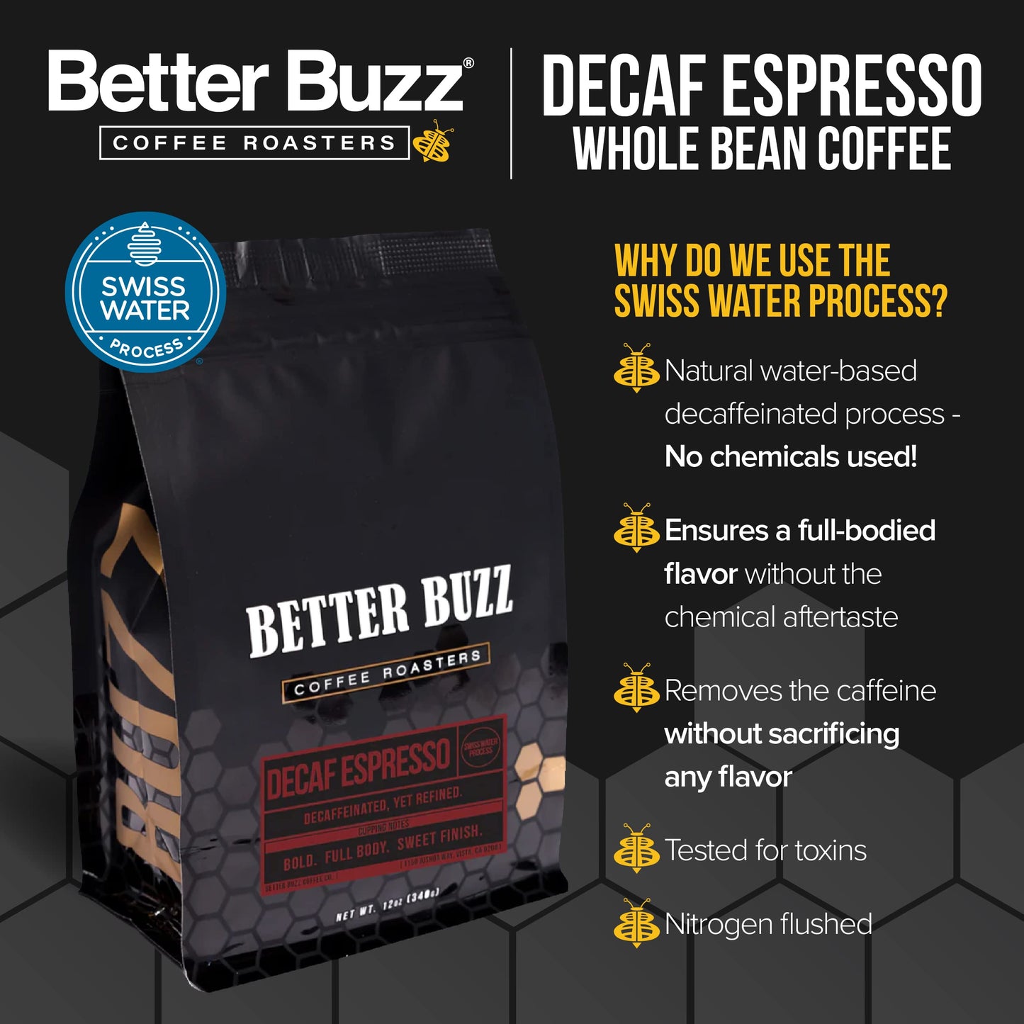 Better Buzz Decaf Espresso Dark Roast Whole Bean Coffee 12oz., Swiss Water Processed