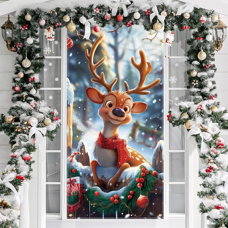 6ft x 3ft Christmas Reindeer Door Cover - Festive Fabric Front Door Decoration