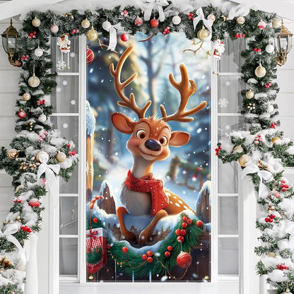 6ft x 3ft Christmas Reindeer Door Cover - Festive Fabric Front Door Decoration
