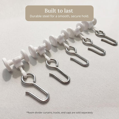 Skiennix Curtain Track Hooks - 20 Durable Ceiling Roller Hooks for Smooth Gliding - White Plastic & Steel